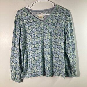 Womens Green Cotton Floral‎ V Neck Top Long Sleeve S Green Blue Cotton